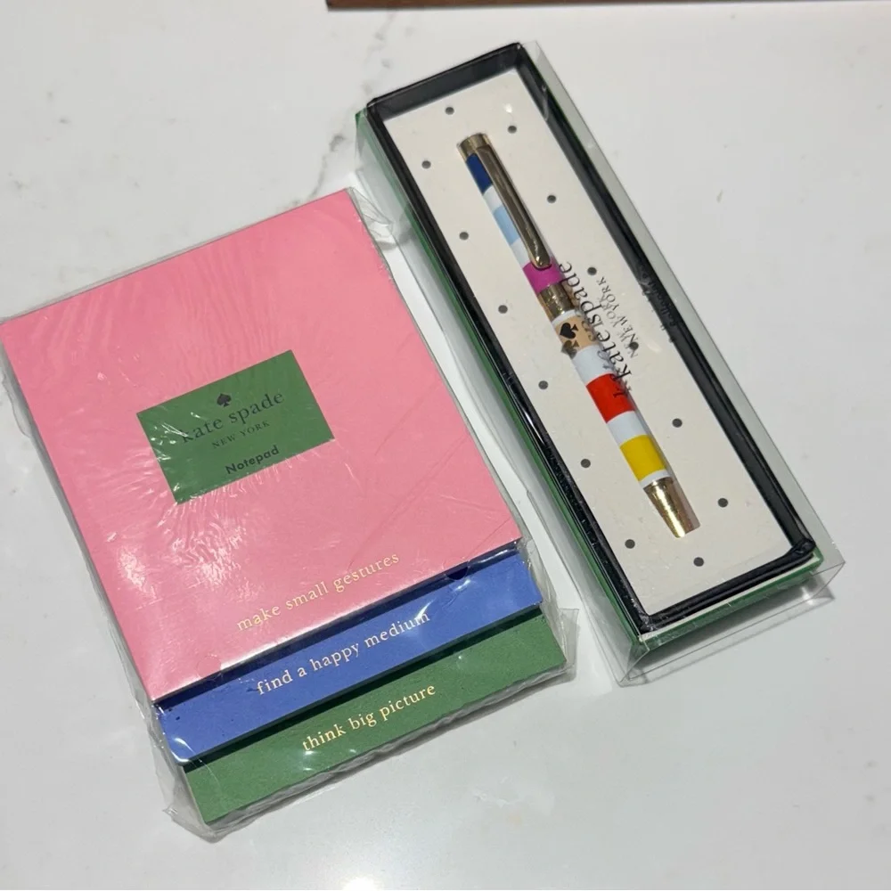 Kate Spade Pink & Blue Notepad Set of 3 & Candy Striped Ballpoint Ink Pen NWT - Picture 5 of 5